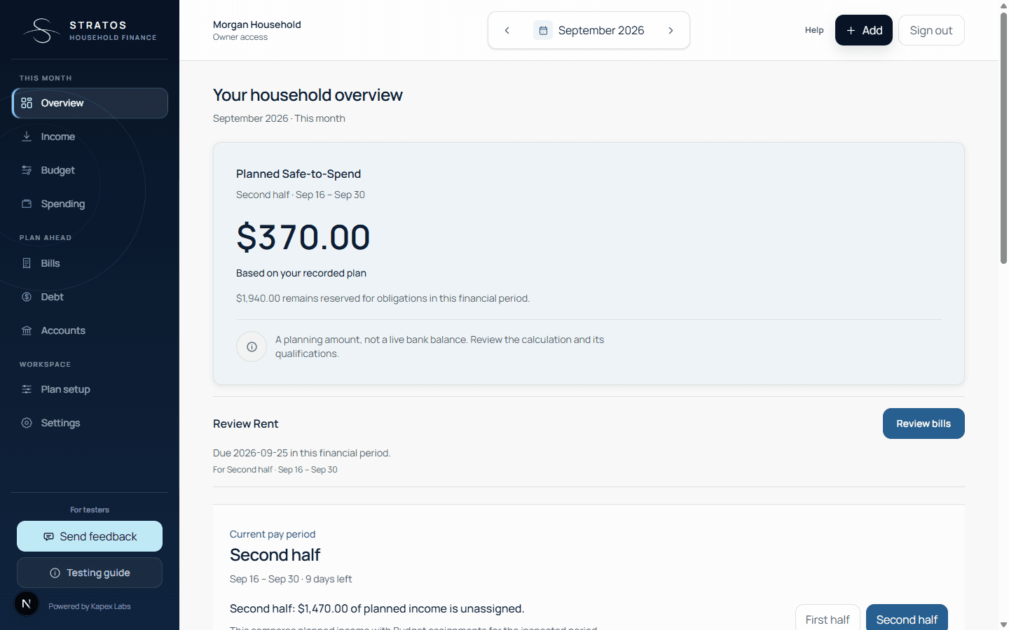 Actual Stratos Overview. Example household: $370 planned Safe-to-Spend for Sep 16–30, with $1,940 reserved for obligations. A planning amount, not a live bank balance.