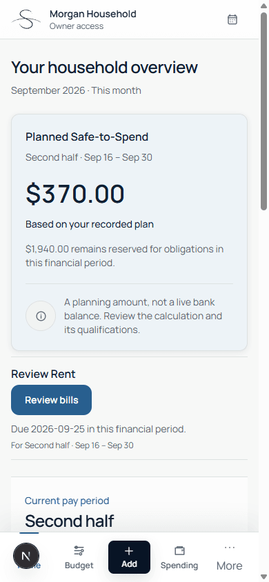Actual Stratos mobile Overview with a synthetic household’s planned Safe-to-Spend and obligations for Sep 16–30.